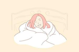 Good morning, home coziness, awaking woman concept. Positive emotion, day beginning, good mood, smiling girl basking in bed, female teenager wrapping up in blanket. Simple flat vector