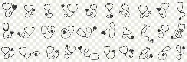 Heart examination symbols doodle set. Collection of hand drawn various stethoscope with hearts at end for medical examination in rows isolated on transparent vector