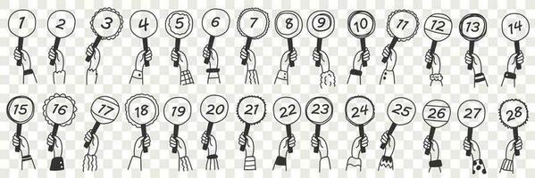 Human hands with number signs doodle set. Collection of hand drawn human hands holding signs with numbers from one to twenty eight isolated on transparent vector