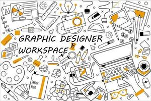 Graphic designer workspace doodle set. Collection of hand drawn sketches templates patterns of graph design equipment. Creative occupation and creation of visual digital products illustration vector