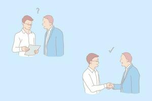 Cooperation stages, question and agreement, job offer and handshake, making deal concept vector