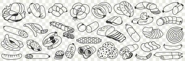 Tasty meat sausages doodle set. Collection of hand drawn various meat sausages whole and cut in pieces for eating in rows isolated on transparent vector