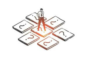 Brainstorming, choice, solution concept sketch. Hand drawn isolated vector