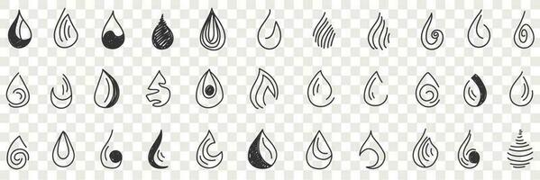 Shapes of drops doodle set. Collection of hand drawn various drop patterns shapes silhouettes in rows isolated on transparent vector