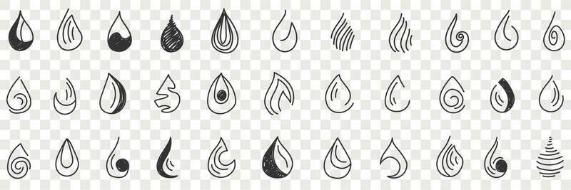 Shapes of drops doodle set. Collection of hand drawn various drop patterns shapes silhouettes in rows isolated on transparent