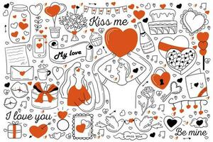 Love doodle set. Collection of hand drawn sketches templates of affectionate couple in love kissing hugging embrace together. Tenderness and positive emotions with heart symbol illustration. vector