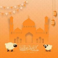 Eid-Ul-Adha Mubarak Concept with Two Cartoon Sheep, Hanging Lanterns and Paper Cut Mosque on Orange Arabic Pattern Background. vector