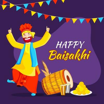 Cartoon Punjabi Man doing Bhangra Dance with Dhol, Wheat Ear, Indian Sweet and Glass of Lassi on Purple Background for Happy Baisakhi Celebration.