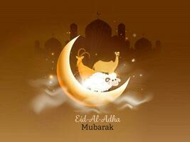 Golden Crescent Moon with Cartoon Sheep, Camel, Goat and Lights Effect on Bronze Silhouette Mosque Background for Eid-Al-Adha Mubarak. vector