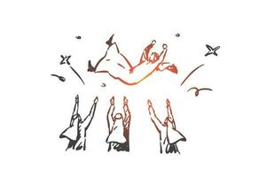 Celebrating victory, praising winner concept sketch. Hand drawn isolated vector