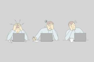 Professional burnout, workplace exhaustion, workers stress concept. Tired top manager working with laptop. Distressed office worker having problems. Workaholic crisis. Simple flat vector