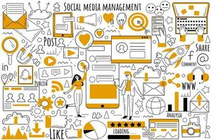 Social media management doodle set. Collection of hand drawn sketches templates patterns of businesspeople publish posts analyzing results responding on comments reaching new customers online. SMM vector