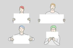 Project presentation, play guess concept. Advertisement, merchandise promotion, marketing, puzzle game, young man with empty paper sheets, boys with blank plates. Simple flat vector