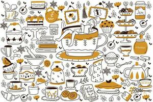 Drinking tea doodle set. Collection of hand drawn sketches patterns templates of woman drinks hot beverages coffee with cake sugar lemon and cookies. Energy drinks with caffeine outline illustration. vector