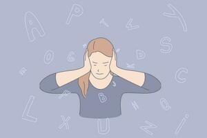 Information overload, mental exhaustion, professional burnout concept. Young woman annoyed with workplace pressure. Overworked employee refusing to listen, covering ears with hands. Simple flat vector