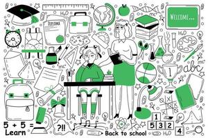 Education doodle set. Collection of hand drawn sketches templates of people learning studying subjects at college or university with teacher. Back to school and getting knowledge illustration. vector