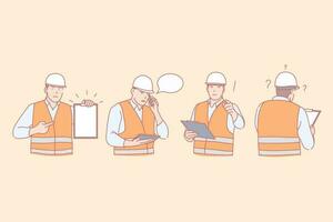 Construction engineer work, planning and communication, negative emotions concept. Building industry, worker in helmet and uniform, man with papers, person in various poses. Simple flat vector