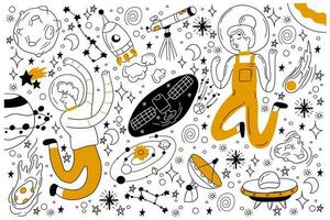 Space doodle set. Collection of hand drawn sketches templates of people astronauts with spacesuit flying in cosmos among stras and planets with meteors and black holes. Universe or galaxy illustration vector