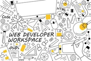 Web developer workspace doodle set. Collection of hand drawn sketches templates patterns of people programmers working equipment computers keyboard laptop. Creative occupation and coding illustration. vector