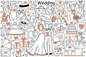 Wedding doodle set. Collection of hand drawn sketches templates patterns of man groom woman bride dancing in marriage ceremony at church together. Engagement party and celebration outline illustration vector