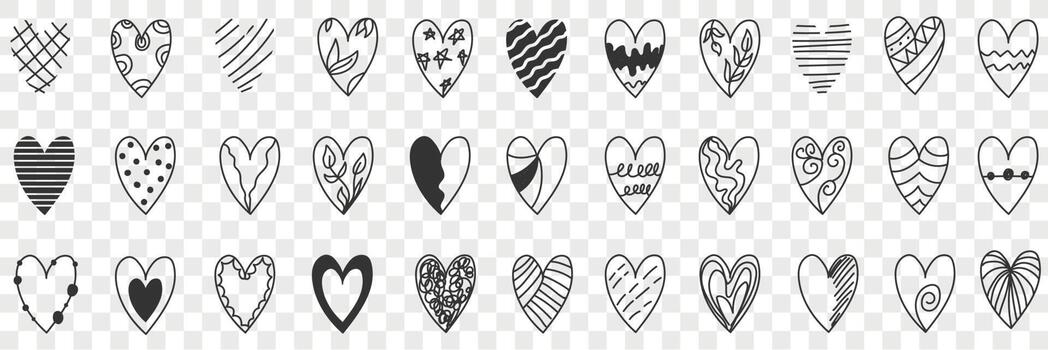 Styles of heart doodle set. Collection of hand drawn various designs and styles of heart shapes and patterns in rows isolated on transparent vector