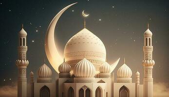 Beautiful islamic mosque 3d render, crescent moon, background, photo, illustration photo