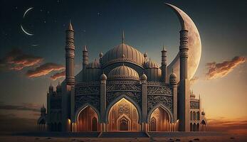 Beautiful mosque landscape and halfmoon for islamic background, poster, illustration photo