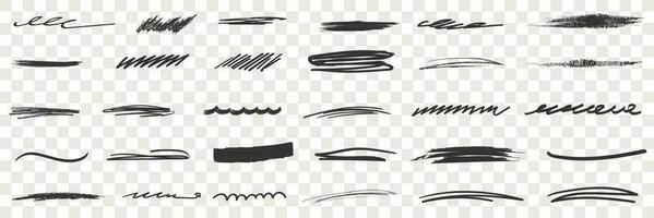 Thick and thin Scribbles lines drawings doodle set. Collection of hand drawn scribbles of various patterns and thickness lines geometrical shapes isolated on transparent vector