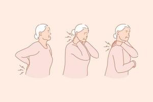Arthritis, rheumatism, senile age illness concept. Elderly lady suffering from back pain. Pensioner experiencing painful symptoms in neck area. Old woman with kidneys disease. Simple flat vector