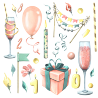 Festive set with blue gifts, pink champagne in bottles and glasses, balloons and confetti. Watercolor illustration, hand drawn. Isolated objects. Clip art png