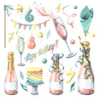 Festive set with pink champagne in bottles and glasses, with a cake, flags, confetti and numbers. Watercolor illustration, hand drawn. Isolated objects for birthday png