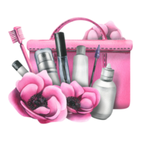 cosmético bolso con cremas, cepillos y maquillaje productos rosado con flores acuarela ilustración, mano dibujado. aislado composición , para un belleza salón, productos cosméticos fabricantes png