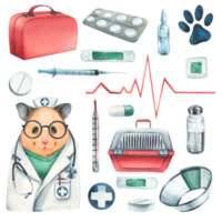 Veterinary set with doctor hamster, pet carrier, medicines. Watercolor illustration, hand drawn. Isolated objects , for the design of clinics, hospitals, pharmacies, medicines png