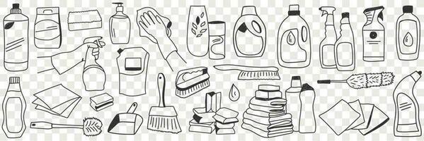 Housework equipment and tools doodle set. Collection of hand drawn various sprays brushes gloves liquids for cleaning and washing in rows isolated on transparent vector