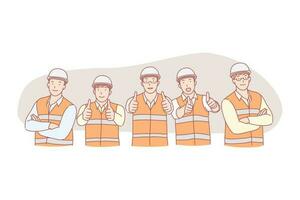 civil ingeniero trabajar, exitoso proyecto, grupo foto posando concepto. construcción industria, sonriente trabajadores grupo en casco y uniforme, masculino constructores, hombres demostración pulgar arriba. sencillo plano vector