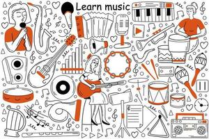 Learn music doodle set. Collection of sketches templates patterns of woman girl teenager musician learns song lessons and playing guitar musical instrument. Creative occupation and getting knowledge. vector