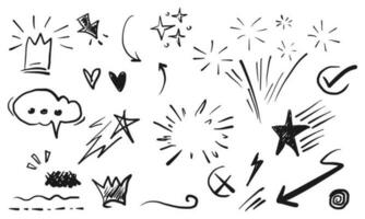 Doodle emphasis elements for concept design on set. isolated on white background. Infographic elements. sunburst, swirl, arrow, heart, crown, star. vector illustration.