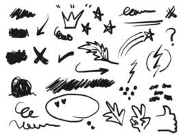 Hand drawn collection of Doodle vector design element. Brush stroke, curly swishes, swoops, swirl, arrow, heart, leaf, crown, star, highlight text and emphasis element. use for concept design