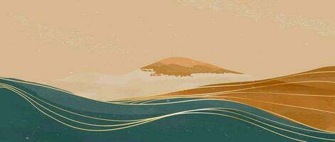 Natural mountain landscape. Hand painted illustrations of Mid century modern art. Abstract contemporary aesthetic backgrounds landscapes. with mountains, hill and golden line art vector