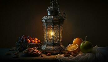 Islamic lantern beautiful 3d scene, with candle, background photo illustration