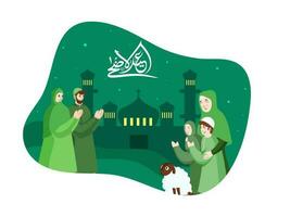 Arabic Calligraphy of Eid-Al-Adha Text with Muslim People in Salam or Aadab Pose and Silhouette Mosque on White and Green Grain Background. vector