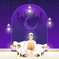 Eid-Al-Adha Mubarak Calligraphy in Crescent Moon with Muslim Young Boy, Two Cartoon Sheep and Hanging Illuminated Lanterns on Purple Mosque Door Pattern Background. vector