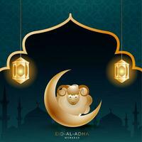 3D Golden Crescent Moon with Paper Cartoon Sheep and Hanging Illuminated Lanterns on Teal Blue Mosque Arabic Pattern Background for Eid-Al-Adha Mubarak. vector