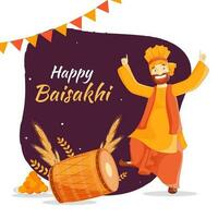 Happy Baisakhi Celebration Concept with Punjabi Man doing Dance, Wheat Ear and Indian Sweet on Burgundy and White Background. vector