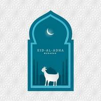 Eid-Al-Adha Mubarak Text with Silhouette Goat, Mosque and Crescent Moon on Blue Grain and White Arabic Pattern Background. vector