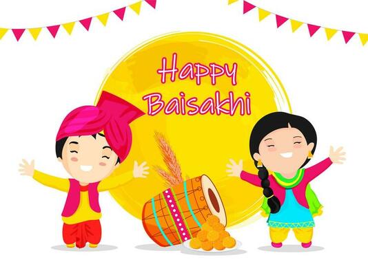 Cartoon Punjabi Kids Enjoying or Dancing with Drum, Wheat Ear, Indian Sweets and Yellow Round Brush Stroke on White Background for Happy Baisakhi Celebration.