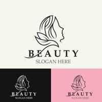 mujer belleza cuidado logo. Fresco naturaleza belleza cara salón y spa diseño plano vector