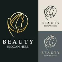 mujer belleza cuidado logo. Fresco naturaleza belleza cara salón y spa diseño plano vector