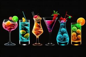 Set of various cocktails on a black background. photo