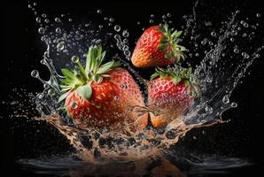 strawberry with water splash isolated on black background. photo